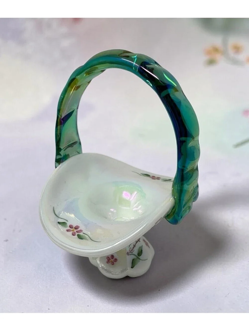 Fenton Glass Iridescent Spanish Lace Floral Hand Painted Mini Basket Signed